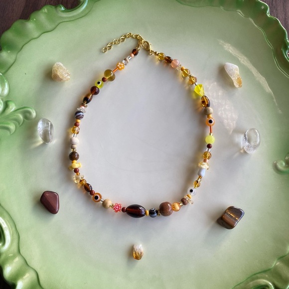 Be Like Honey Mixed Bead Necklace Amber Brown Evil Eye Glass Beads Orange Flower - Picture 3 of 11